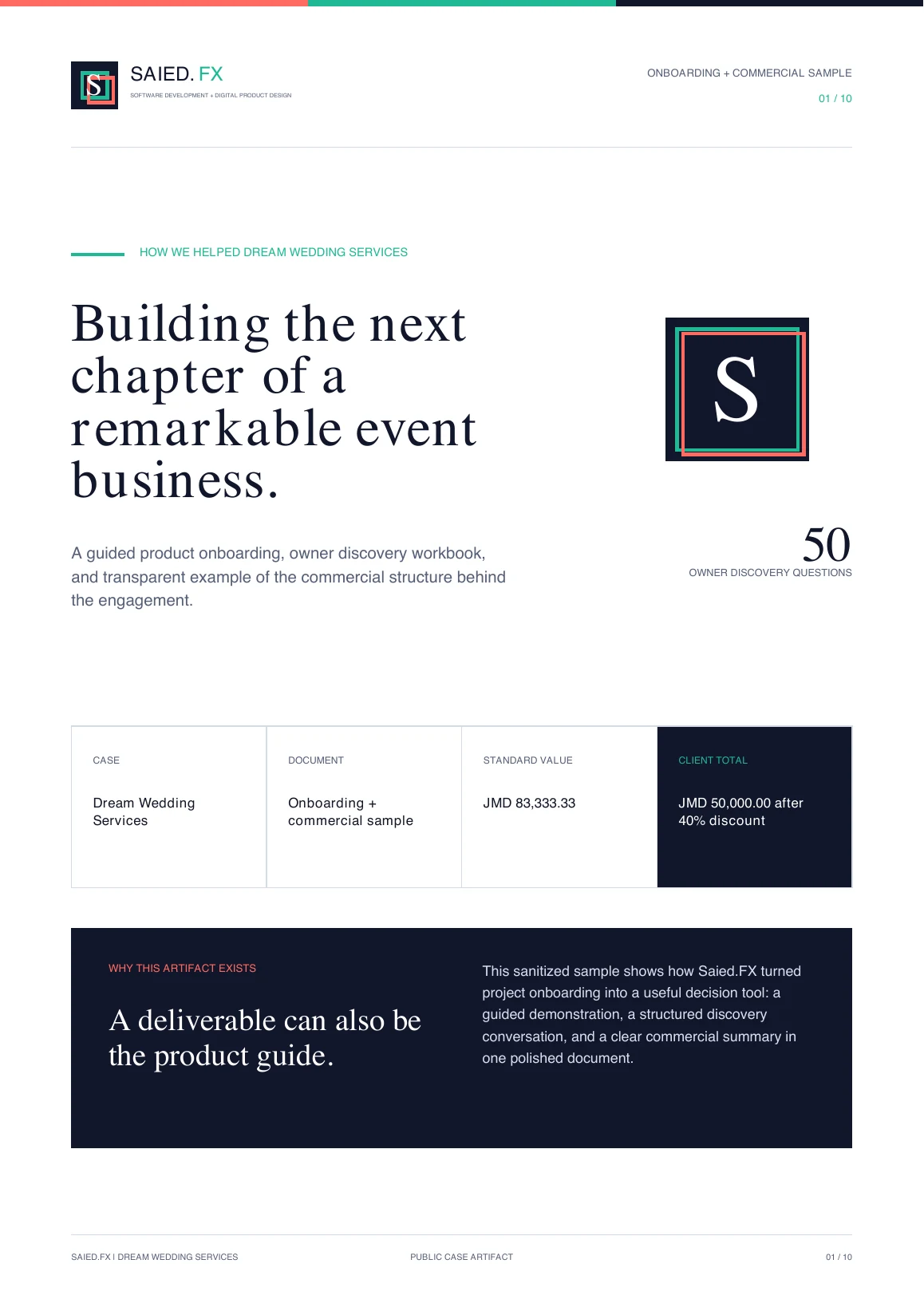 Cover of the Dream Wedding Services onboarding and commercial case artifact