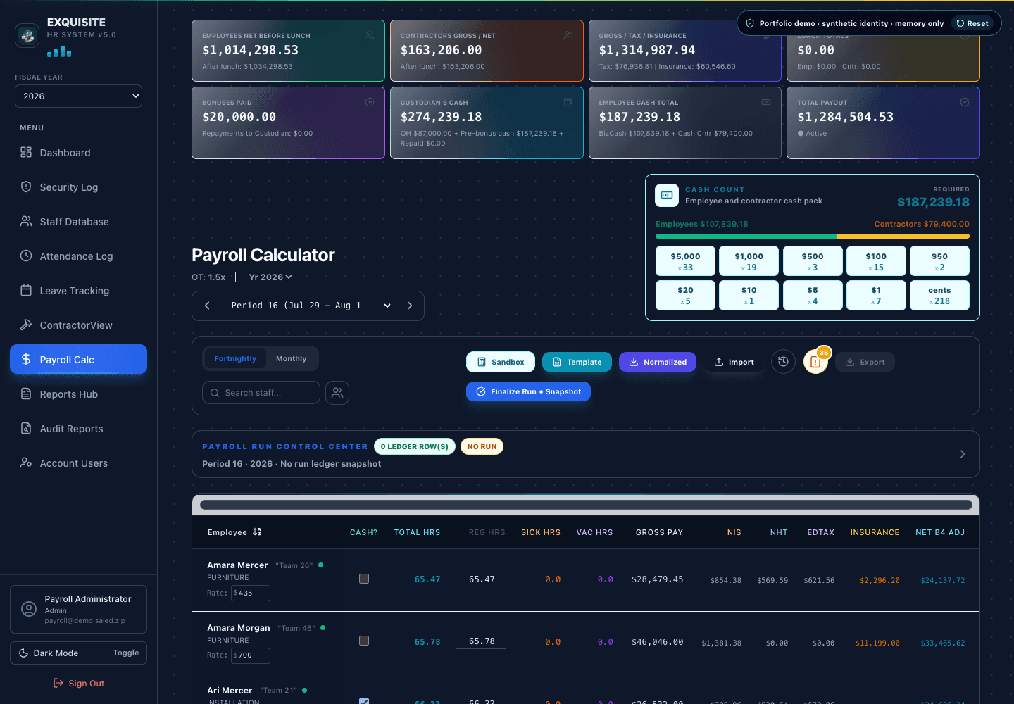 Interactive payroll calculator with synthetic employee records