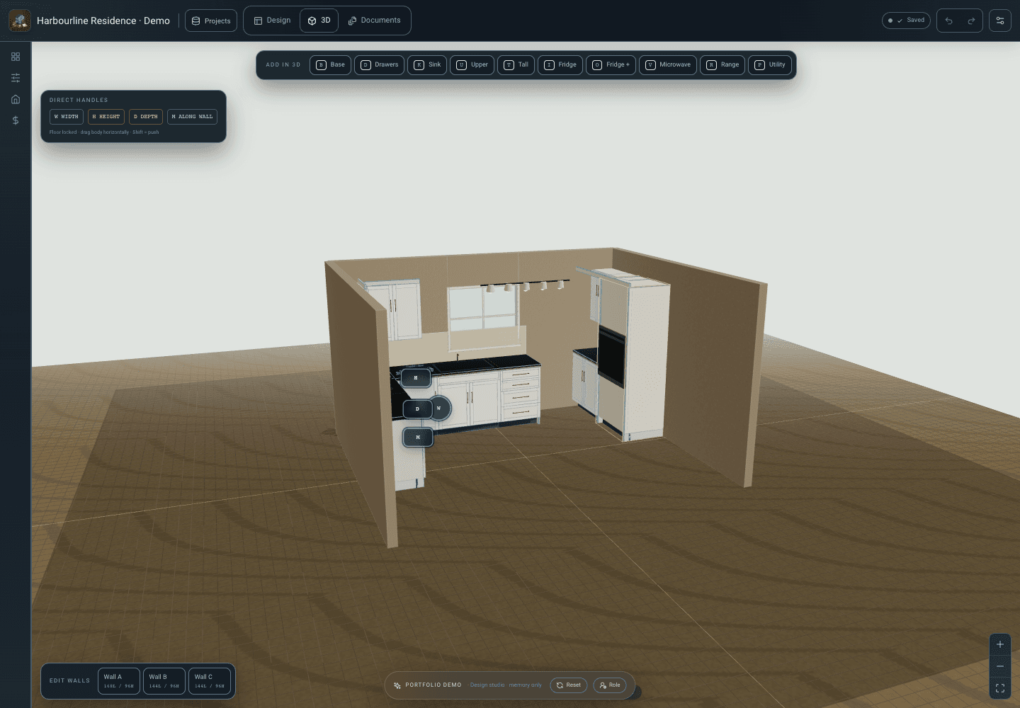 Three-dimensional cabinet and room planning environment