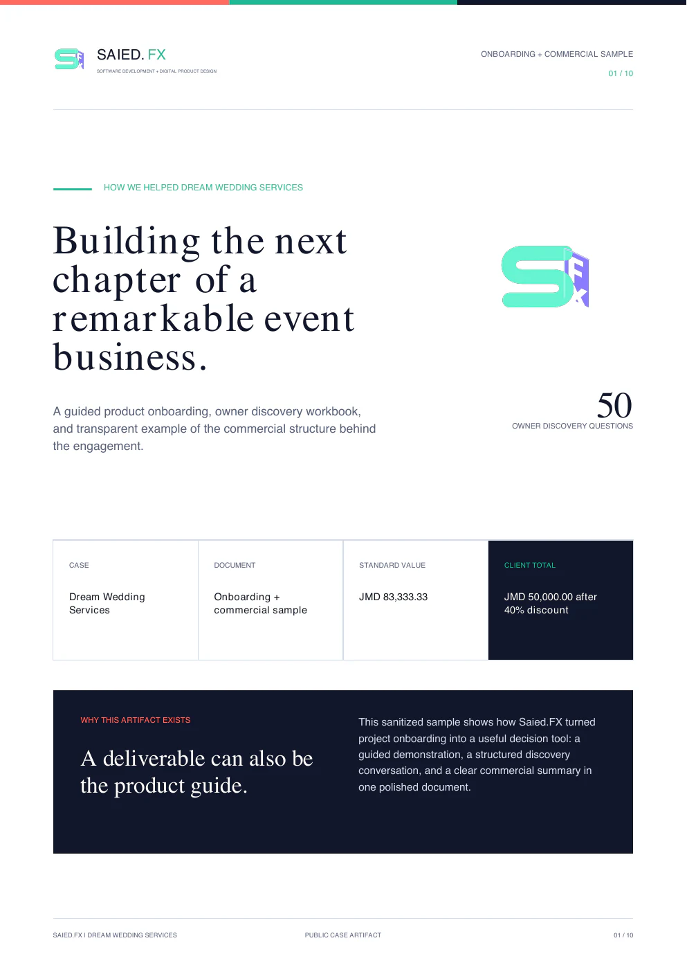 Cover of the Dream Wedding Services onboarding and commercial case artifact